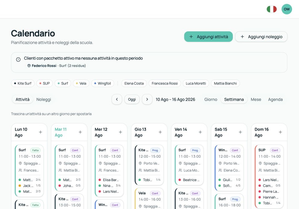 Calendario settimanale di SaltDesk con attività di kite, surf, SUP e vela