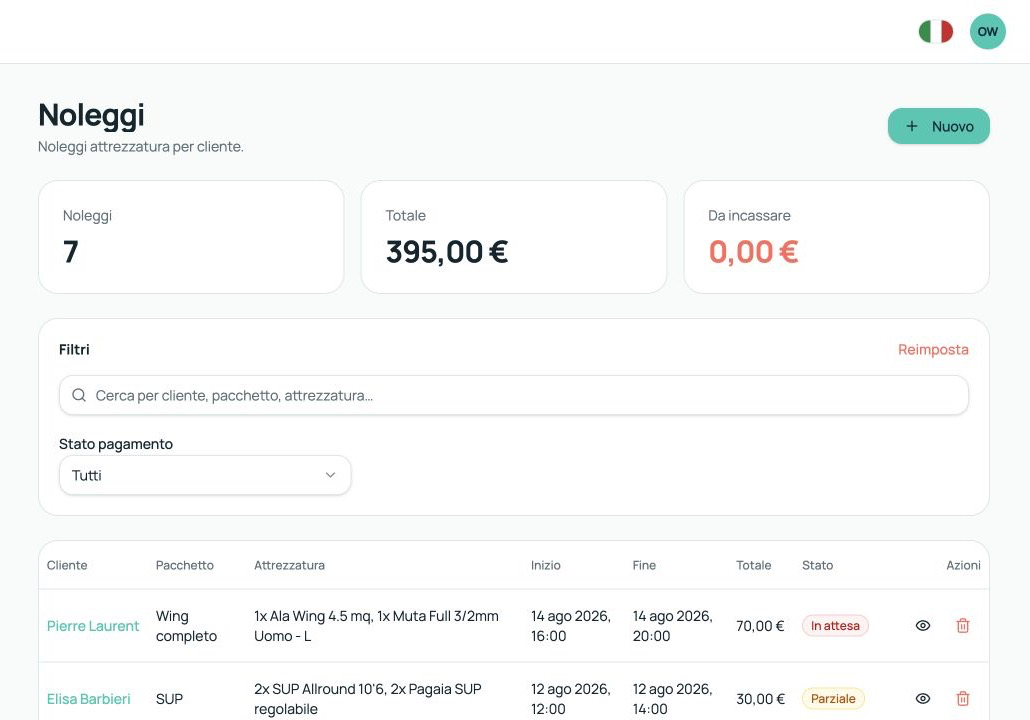 Elenco noleggi SaltDesk con attrezzatura, totali e stato dei pagamenti